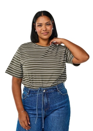 ZIZZI OLIWKOWY LUŹNY T-SHIRT W PASKI 305A
