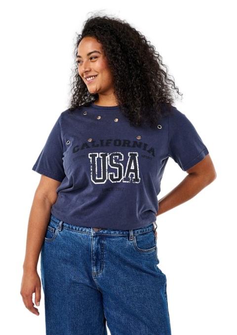 ZIZZI WYJĄTKOWY GRANATOWY T-SHIRT NAPIS DETALE 285A