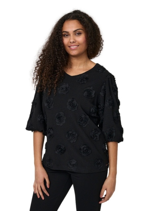 ELTON ELEGANCKA CZARNA BLUZKA STRUKTURA KWIATY E803