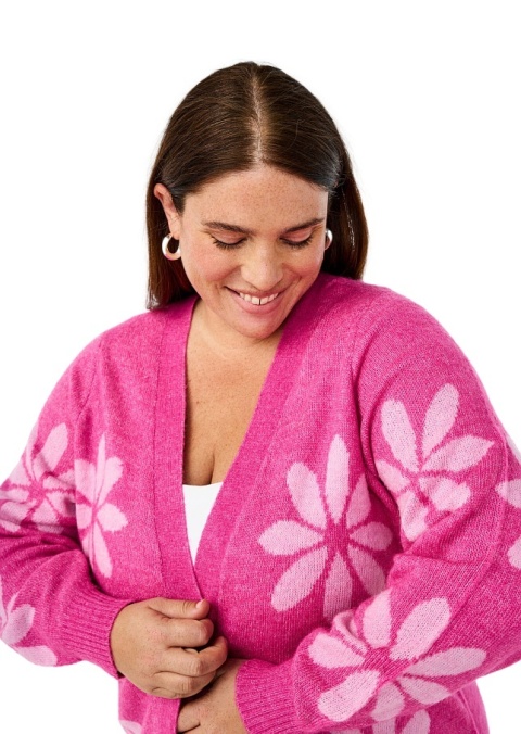 ZIZZI DŁUGI SWETER KARDIGAN RÓŻOWY KWIATY 410B