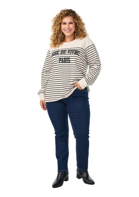 ZIZZI WYGODNA BEŻOWA BLUZA W PASKI NAPIS 312A