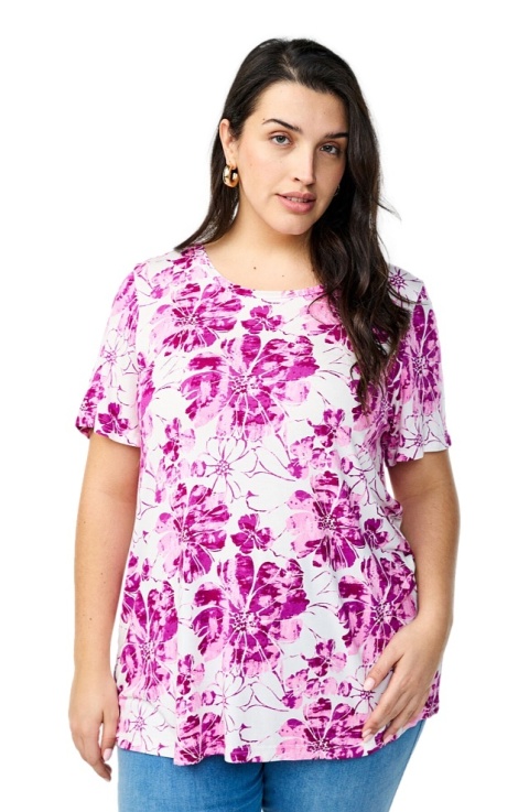 ZIZZI ŚLICZNA BIAŁA BLUZKA FIOLETOWE KWIATY WZÓR 211D