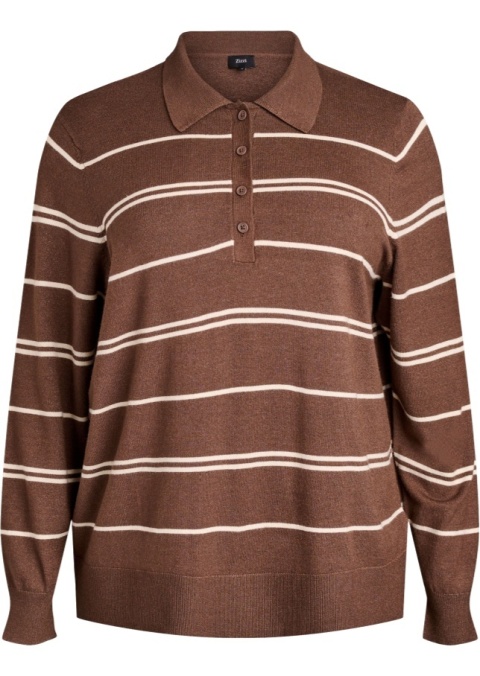 ZIZZI MODNY DZIANINOWY SWETER BLUZKA W PASKI BRĄZOWY 479B