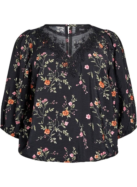 ZIZZI CZARNA ELEGANCKA BLUZKA KWIATY WZÓR 641B