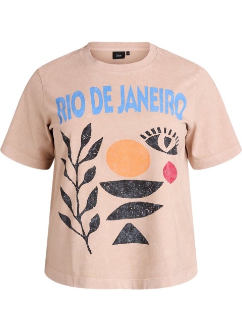 ZIZZI BEŻOWY BAWEŁNIANY T-SHIRT NADRUK VINTAGE 978A