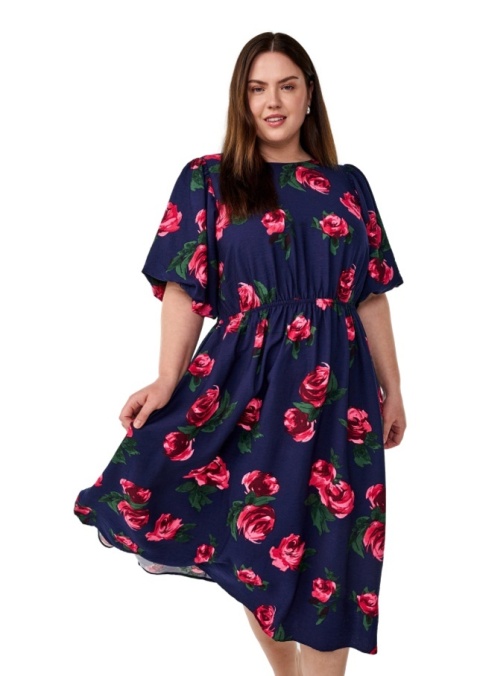 ZIZZI ELEGANCKA GRANATOWA SUKIENKA MIDI W RÓŻE 168A