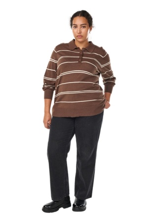 ZIZZI MODNY DZIANINOWY SWETER BLUZKA W PASKI BRĄZOWY POLO 479B